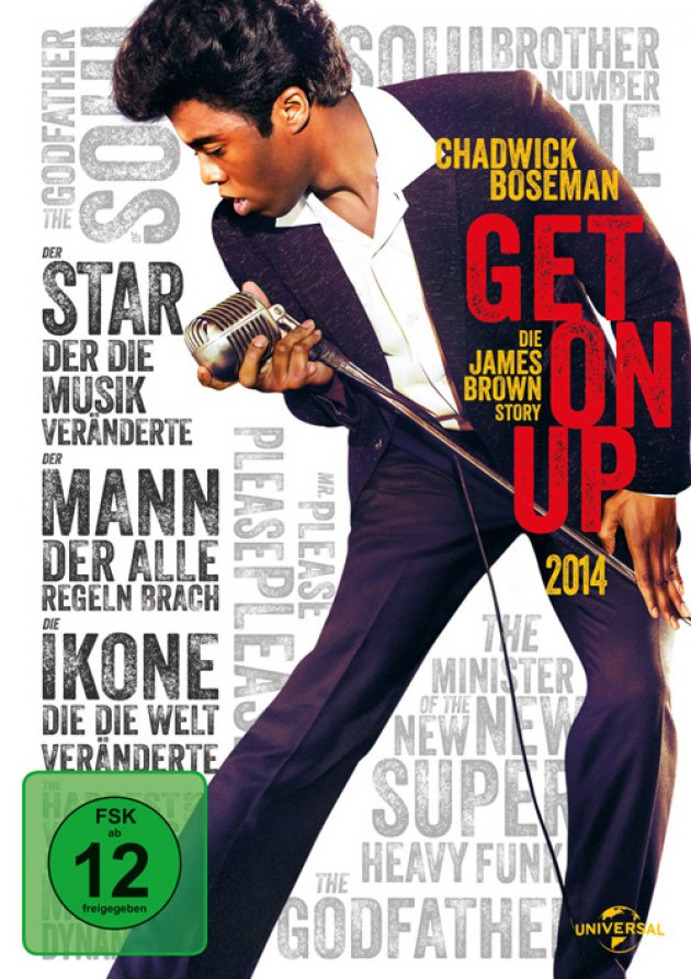 Cover, Movie, Get on Up,, Film, Chad Boseman, blauer Anzug, weisses Hemd, Mikrophon